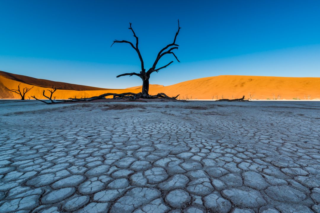 Landscape with cracked earth and blue sky